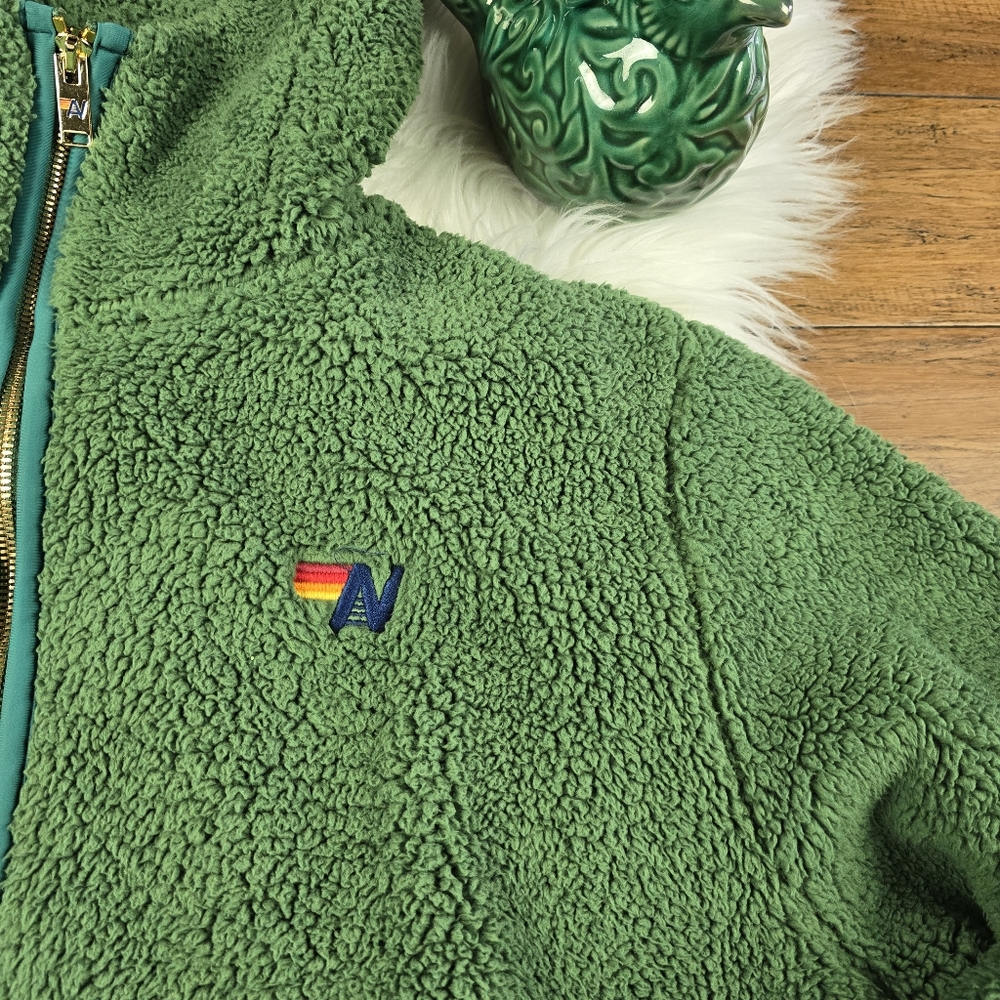 Aviator Nation Teddy Unisex Hooded Half Zip Color block Jacket Garden Green XS - Picture 14 of 16